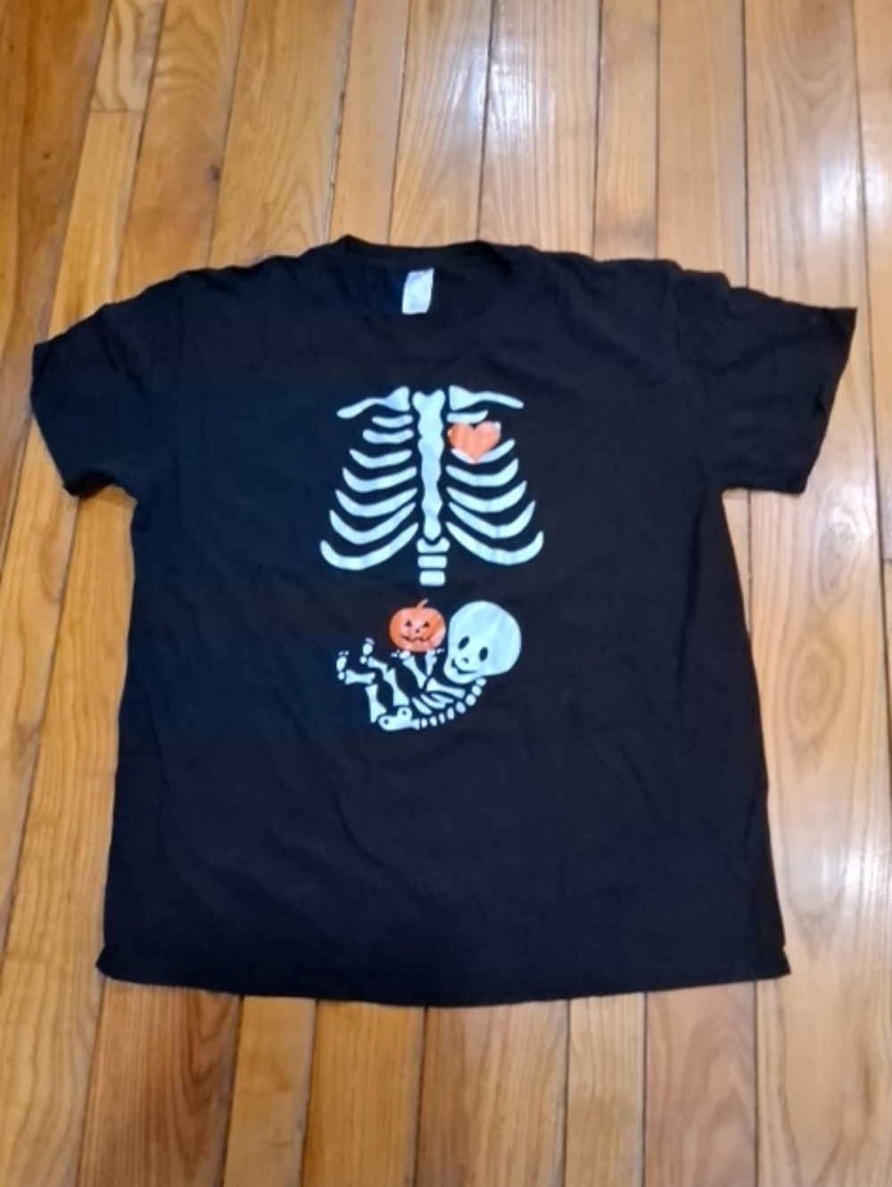 Black Halloween Skeleton & Pumpkin Short Sleeve Tee